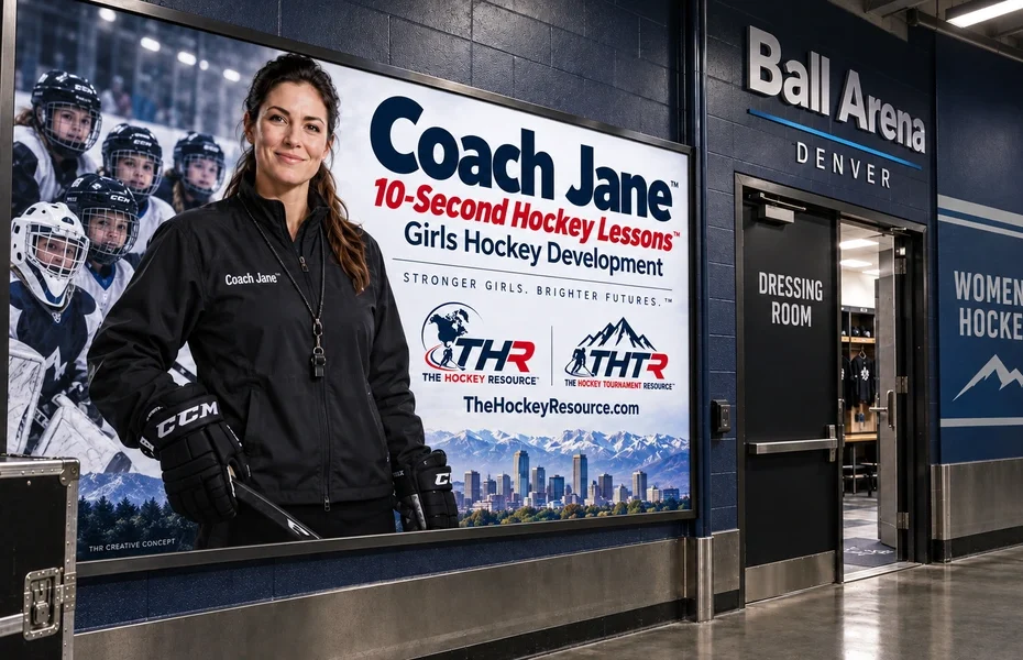Coach Jane girls Hockey development poster in an AI-created Denver arena scene for the lesson Shoot in Stride.