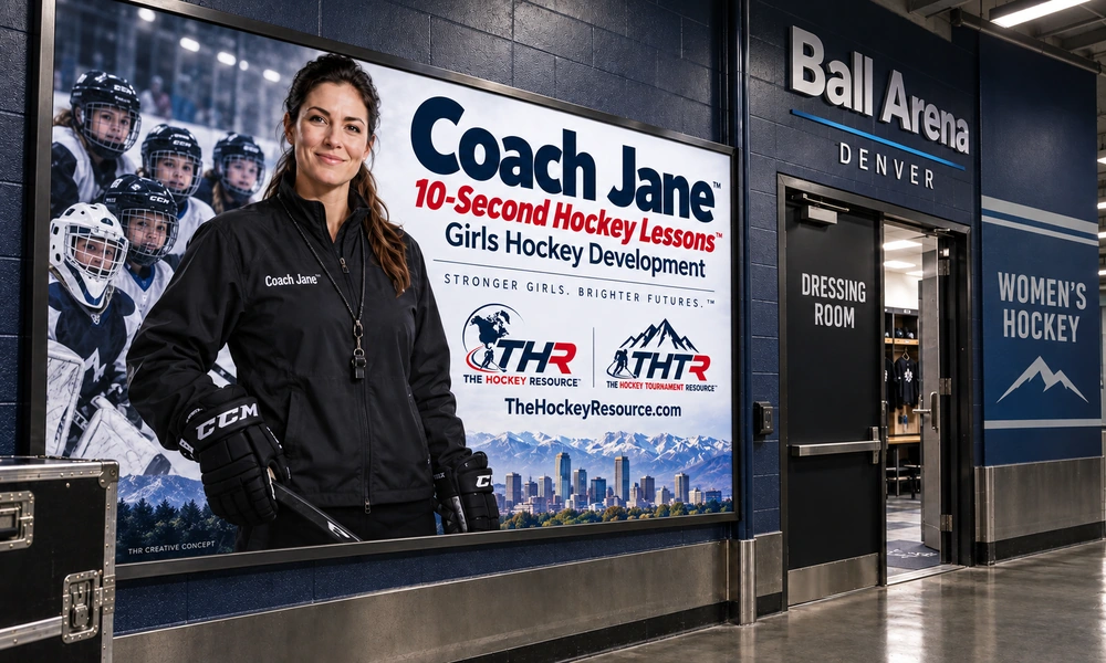 Coach Jane girls Hockey development poster in an AI-created Denver arena scene for the lesson Shoot in Stride.