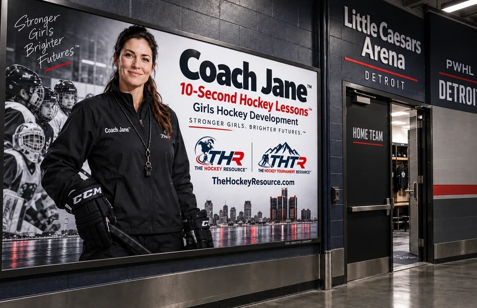 Coach Jane girls Hockey development poster in an AI-created Detroit arena scene for the lesson Shoot When You Have the Chance.
