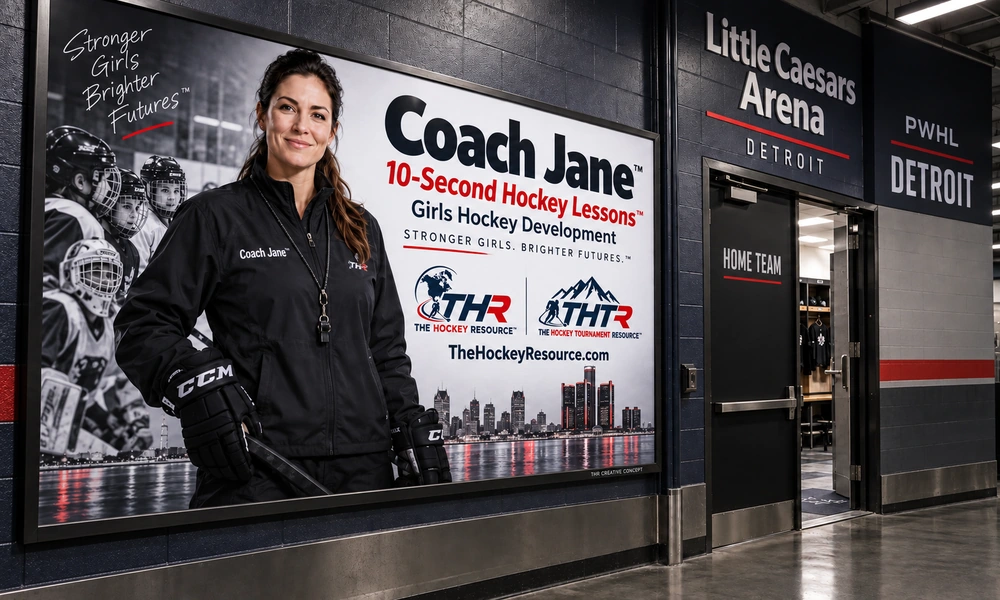 Coach Jane girls Hockey development poster in an AI-created Detroit arena scene for the lesson Shoot When You Have the Chance.