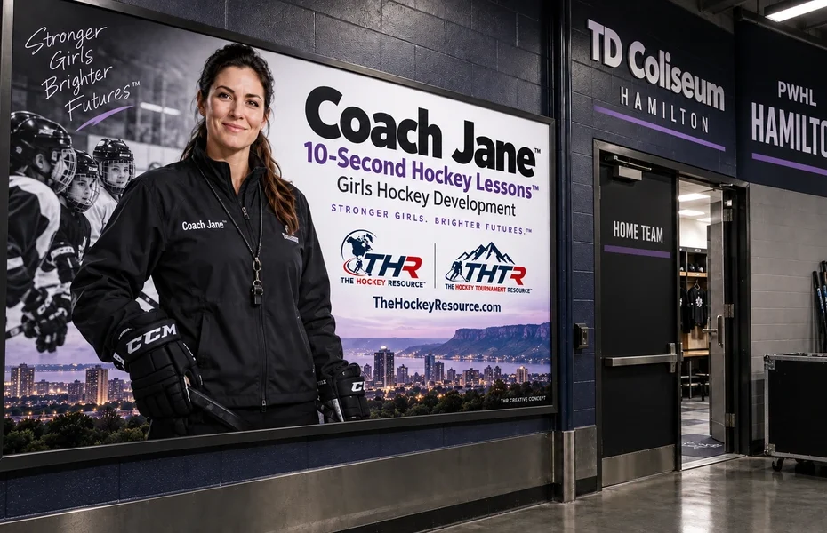 Coach Jane girls Hockey development poster in an AI-created Hamilton arena scene for the lesson Keep Playing After a Mistake.