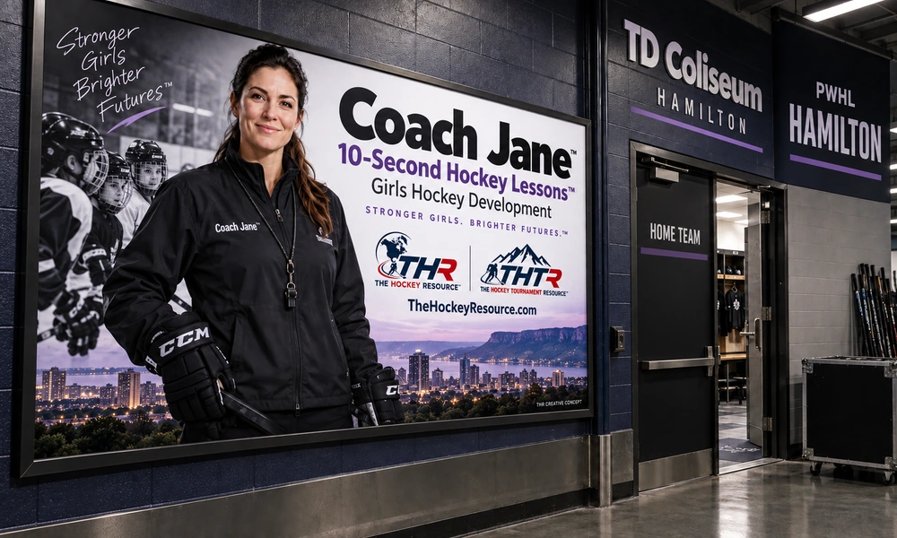 Coach Jane girls Hockey development poster in an AI-created Hamilton arena scene for the lesson Keep Playing After a Mistake.