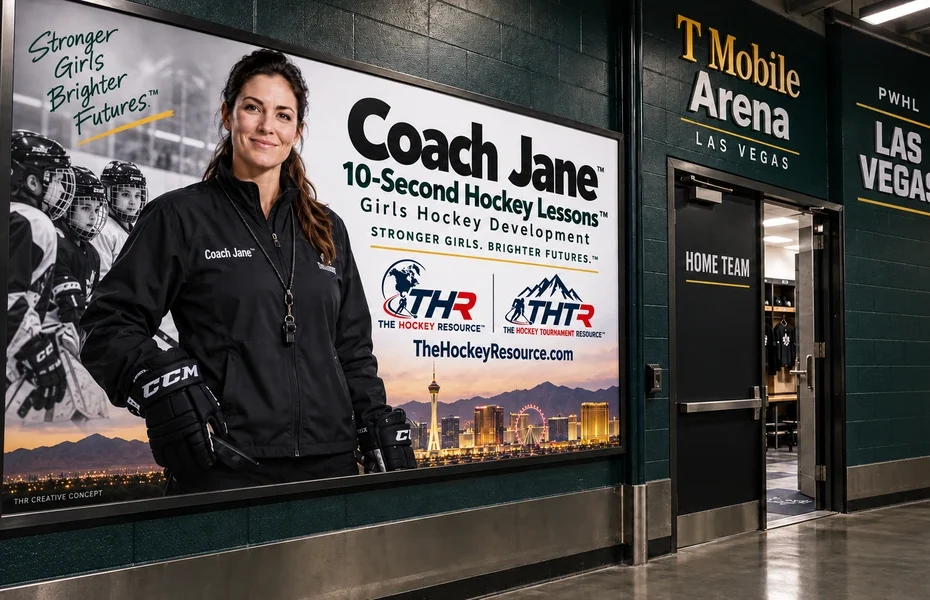 Coach Jane girls Hockey development poster in an AI-created Las Vegas arena scene for the lesson Receive the Pass in Motion.