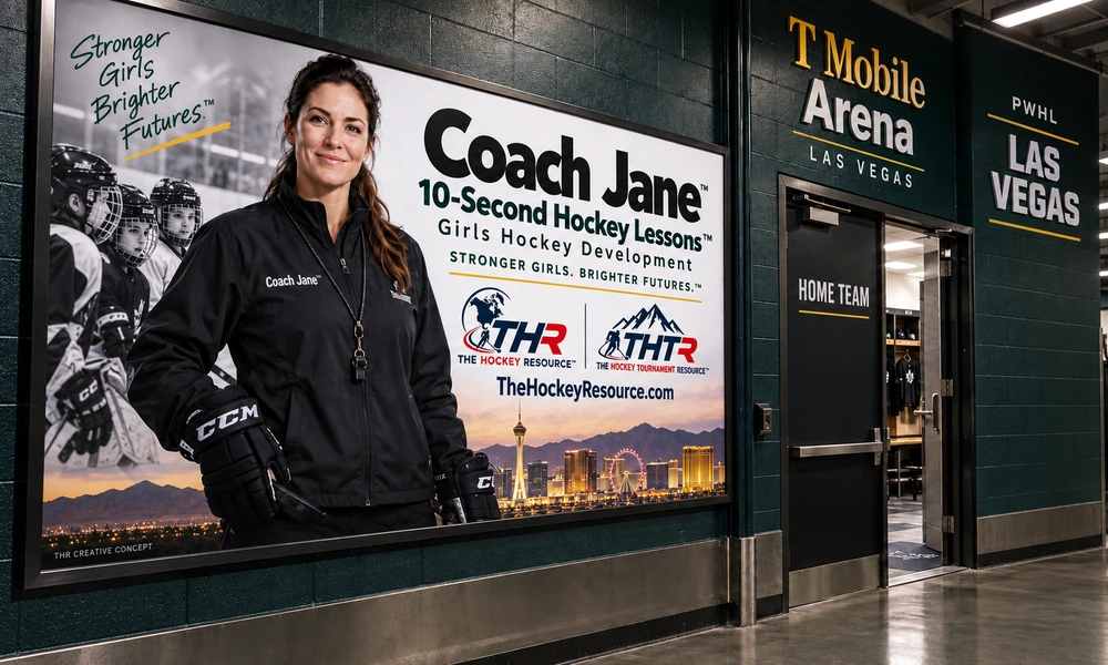 Coach Jane girls Hockey development poster in an AI-created Las Vegas arena scene for the lesson Receive the Pass in Motion.