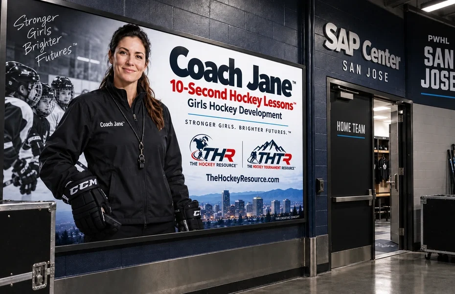 Coach Jane girls Hockey development poster in an AI-created San Jose arena scene for the lesson Change Speed to Create Space.