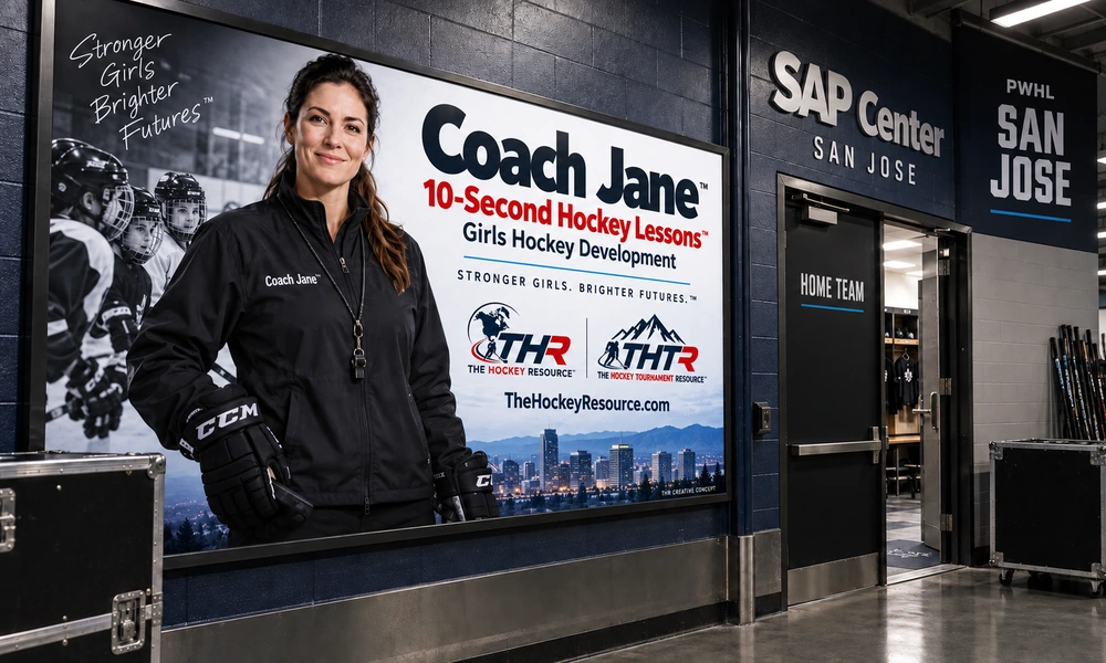 Coach Jane girls Hockey development poster in an AI-created San Jose arena scene for the lesson Change Speed to Create Space.