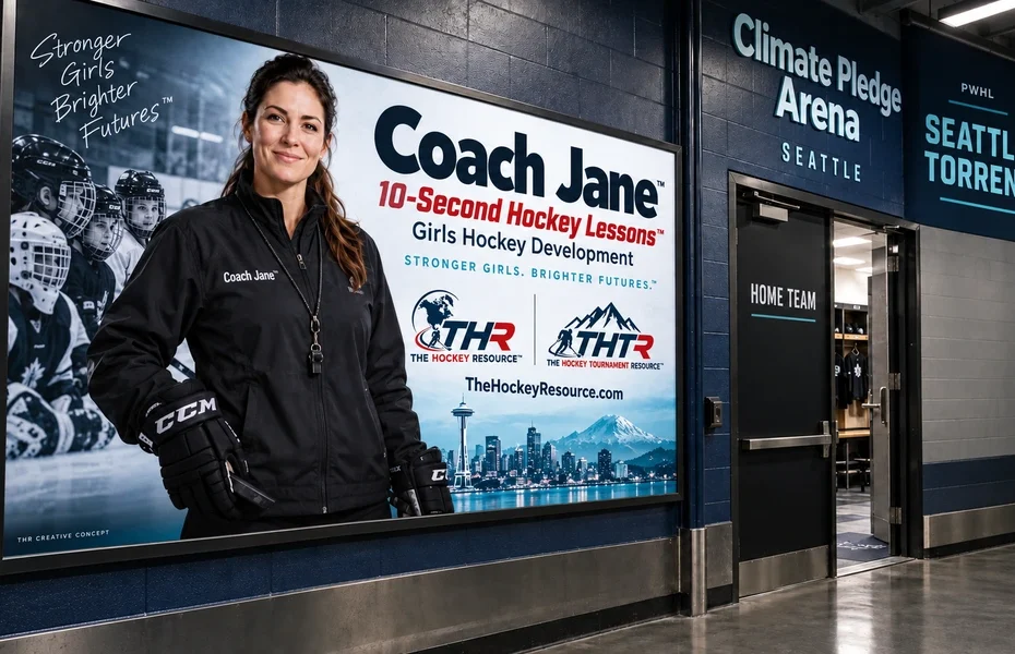 Coach Jane girls Hockey development poster in an AI-created Seattle arena scene for the lesson Stick Down and Be Ready.
