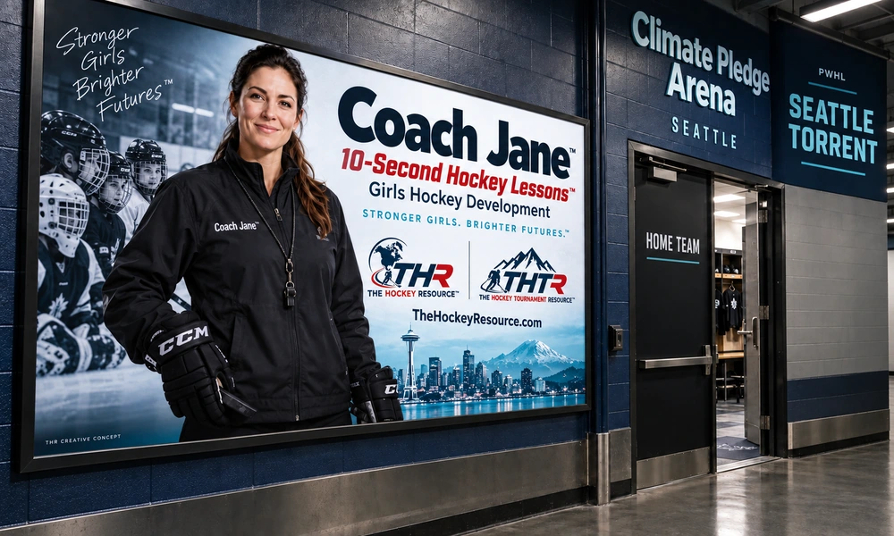 Coach Jane girls Hockey development poster in an AI-created Seattle arena scene for the lesson Stick Down and Be Ready.