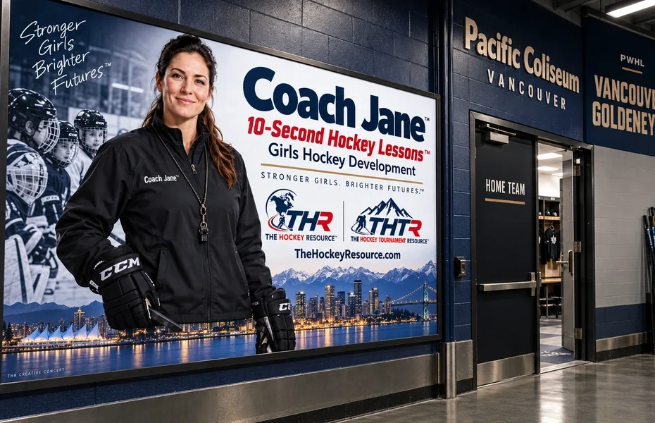 Coach Jane girls Hockey development poster in an AI-created Vancouver arena scene for the lesson Stop at the Net for Rebounds.