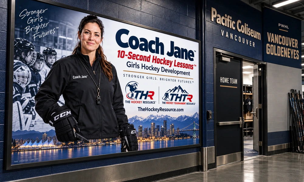 Coach Jane girls Hockey development poster in an AI-created Vancouver arena scene for the lesson Stop at the Net for Rebounds.