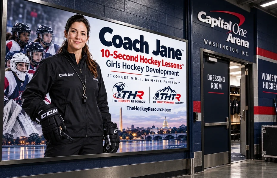 Coach Jane girls Hockey development poster in an AI-created Washington arena scene for the lesson Backcheck Through the Middle.