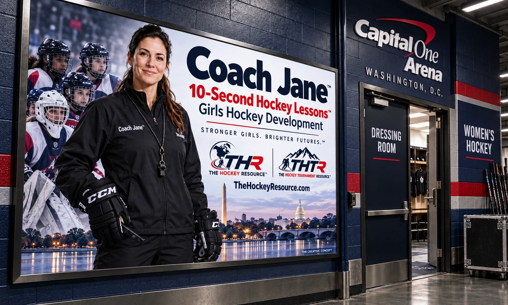 Coach Jane girls Hockey development poster in an AI-created Washington arena scene for the lesson Backcheck Through the Middle.