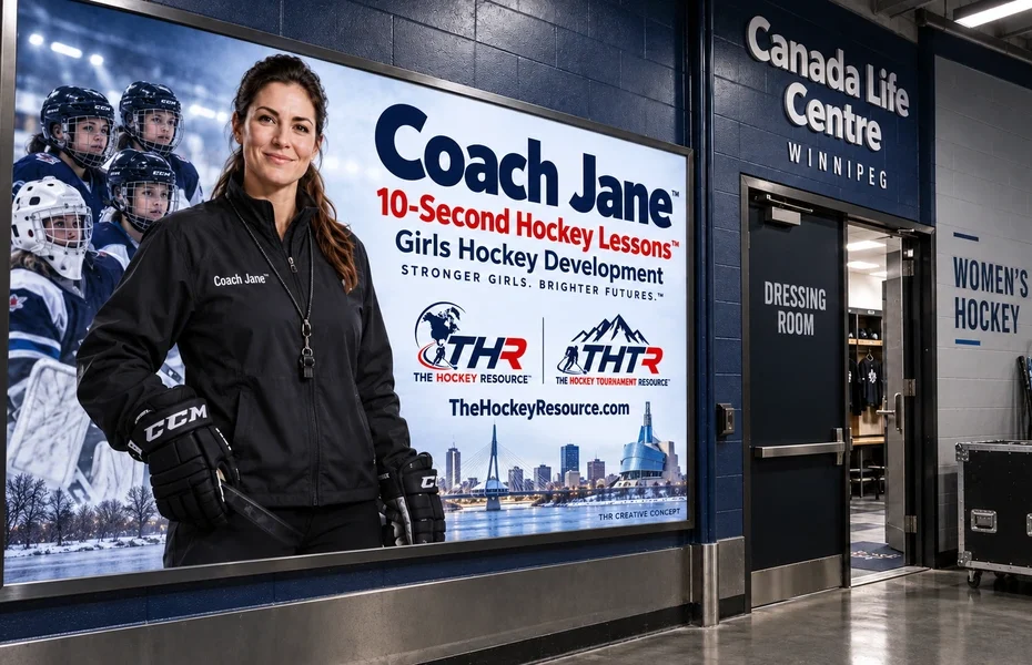 Coach Jane girls Hockey development poster in an AI-created Winnipeg arena scene for the lesson Pass, Move and Get Open Again.