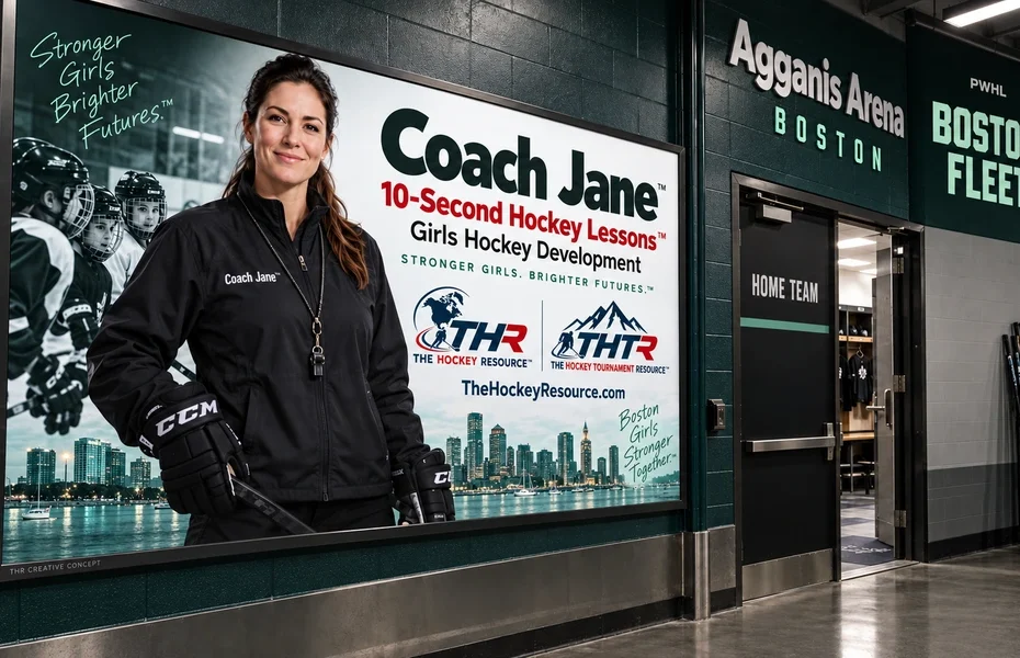 Coach Jane girls Hockey development poster in an AI-created Agganis Arena arena scene for the puck protection lesson.
