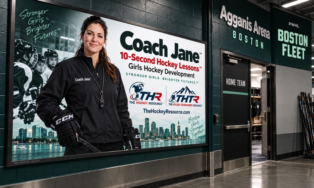 Coach Jane girls Hockey development poster in an AI-created Agganis Arena arena scene for the puck protection lesson.
