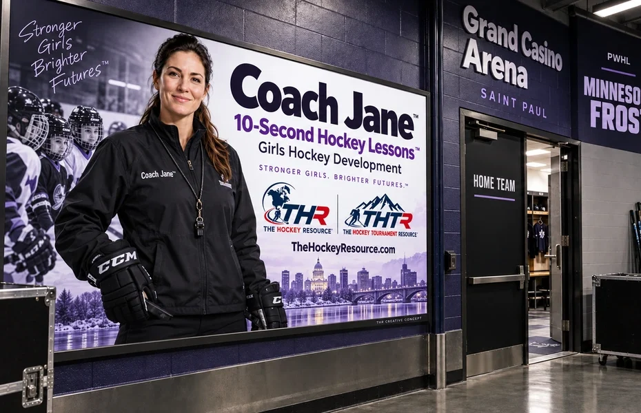 Coach Jane girls Hockey development poster in an AI-created Grand Casino Arena arena scene for the skating balance lesson.