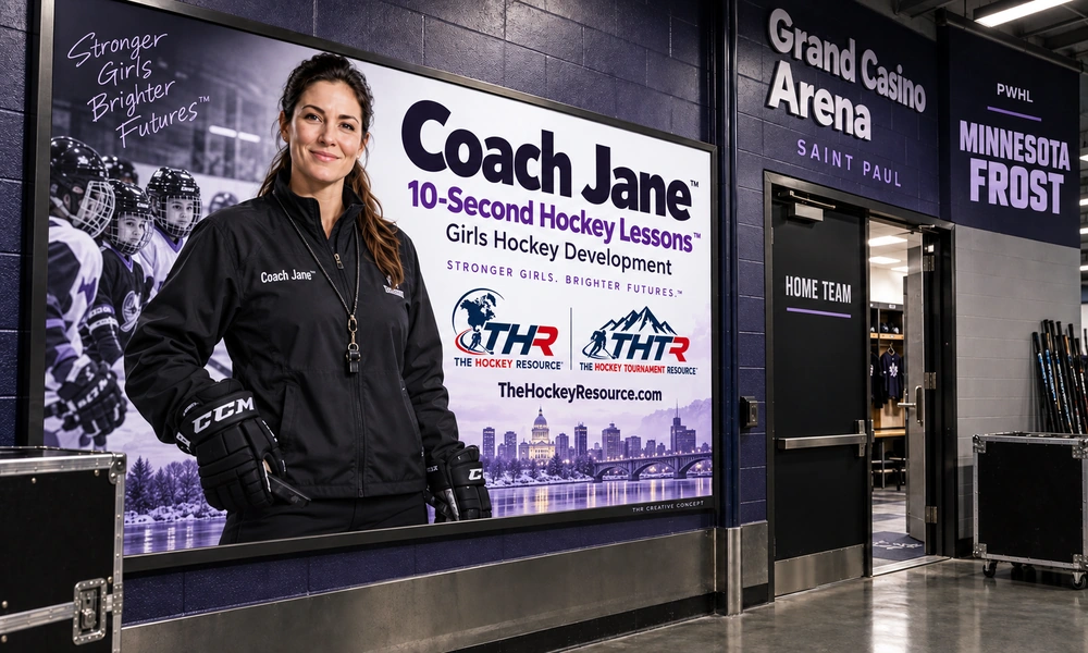 Coach Jane girls Hockey development poster in an AI-created Grand Casino Arena arena scene for the skating balance lesson.