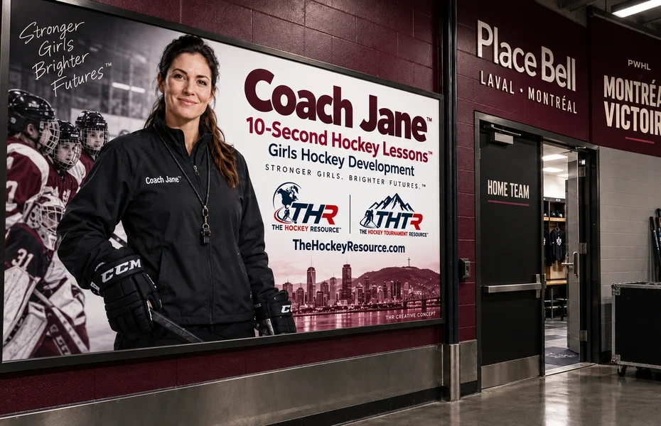 Coach Jane girls Hockey development poster in an AI-created Place Bell arena scene for the balance lesson.