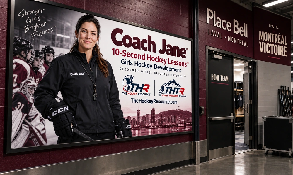 Coach Jane girls Hockey development poster in an AI-created Place Bell arena scene for the balance lesson.