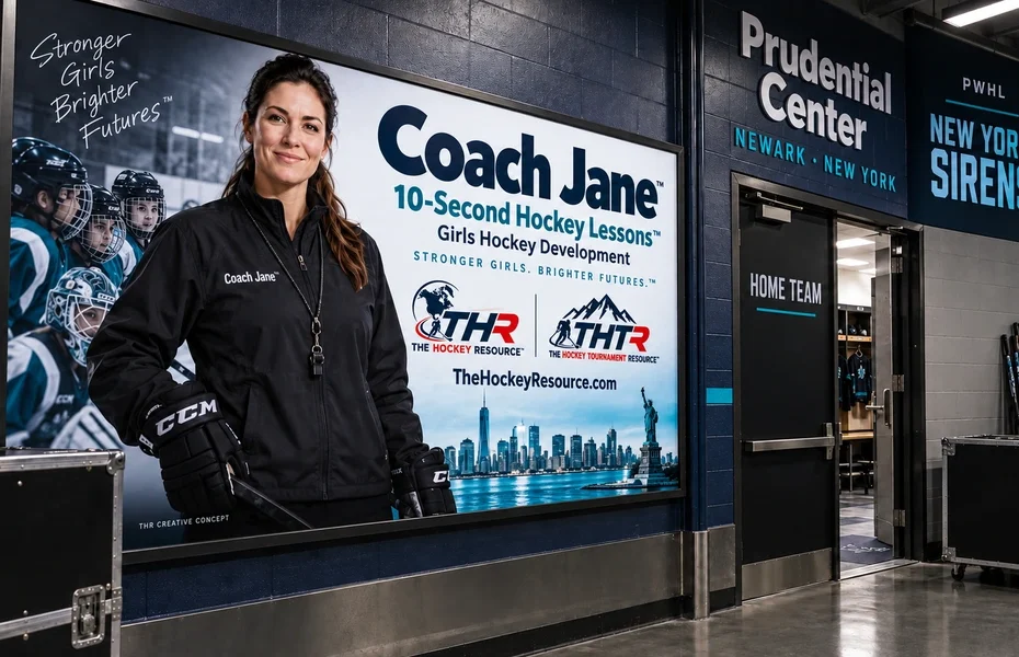 Coach Jane girls Hockey development poster in an AI-created Prudential Center arena scene for the passing lesson.