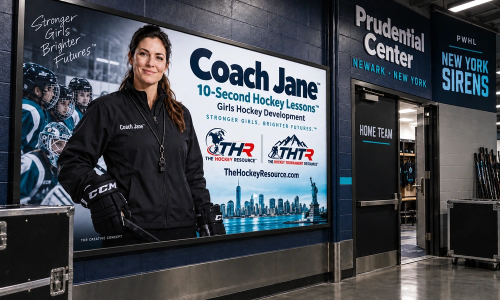 Coach Jane girls Hockey development poster in an AI-created Prudential Center arena scene for the passing lesson.