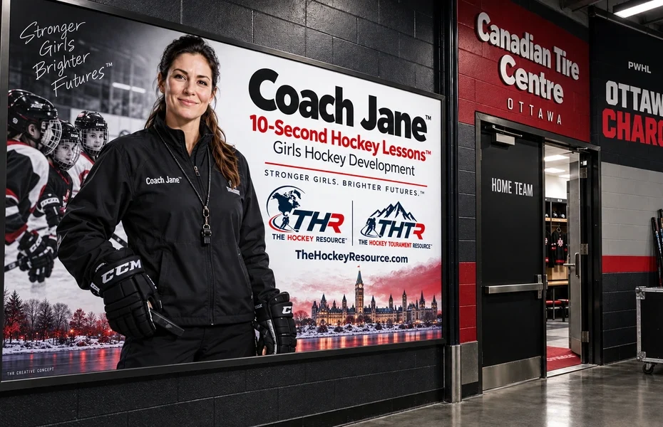 Coach Jane girls Hockey development poster in an AI-created Canadian Tire Centre arena scene for the beginner skating lesson.