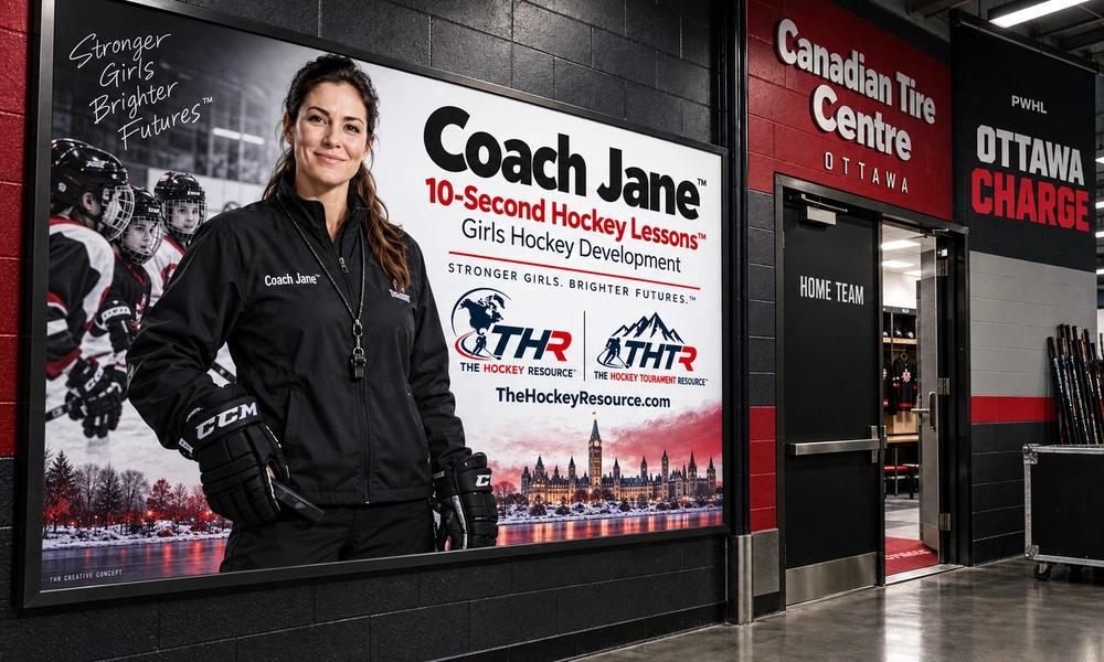 Coach Jane girls Hockey development poster in an AI-created Canadian Tire Centre arena scene for the beginner skating lesson.