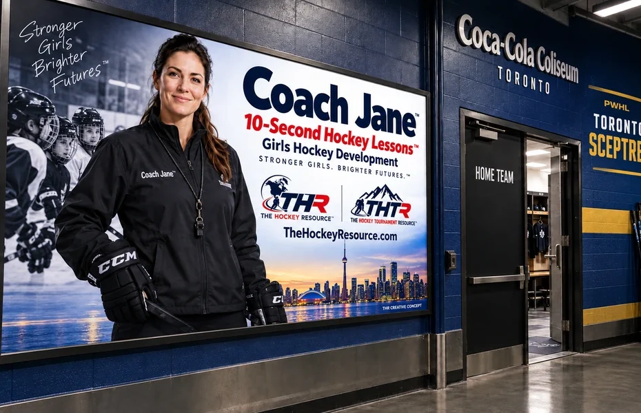 Coach Jane girls Hockey development poster in an AI-created Coca-Cola Coliseum arena scene for the communication lesson.
