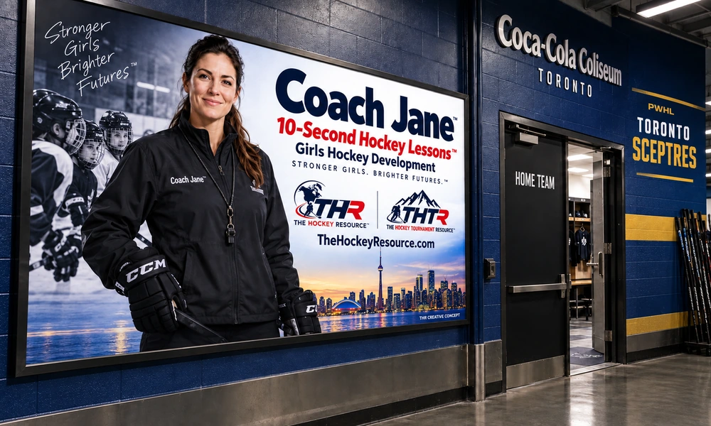 Use Your Voice - Coach Jane girls Hockey development poster in an AI-created Coca-Cola Coliseum arena scene for the communication lesson.