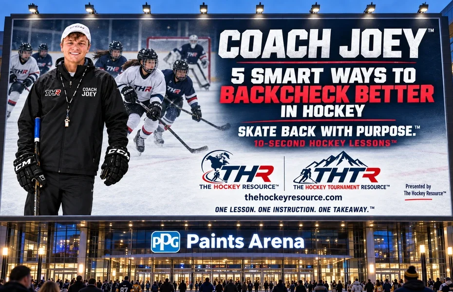 Coach Joey Backcheck lesson billboard above PPG Paints Arena in Pittsburgh, shown as a creative mockup.