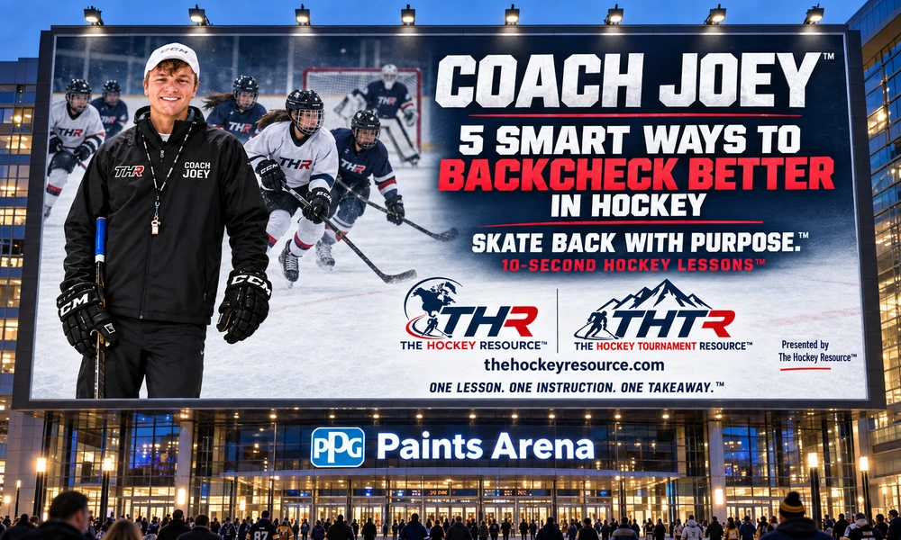 Coach Joey Backcheck lesson billboard above PPG Paints Arena in Pittsburgh, shown as a creative mockup.