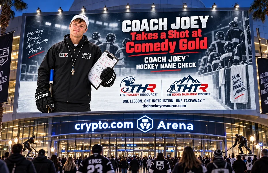 Coach Joey billboard for coach joey hockey name check above the Crypto.com Arena entrance in Los Angeles, shown as a concept mockup.