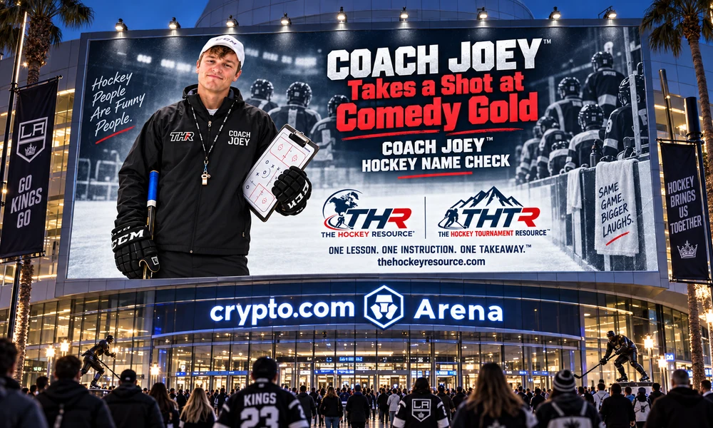 Coach Joey Hockey Name Check billboard above the Crypto.com Arena entrance in Los Angeles, shown as a concept mockup.