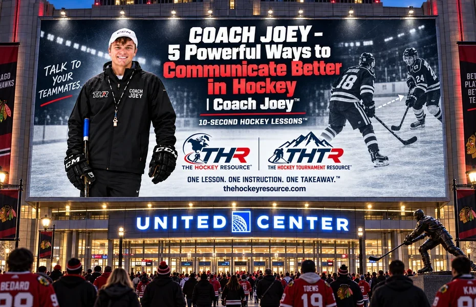 Coach Joey talk to your teammates. billboard above the United Center entrance in Chicago, shown as a concept mockup.