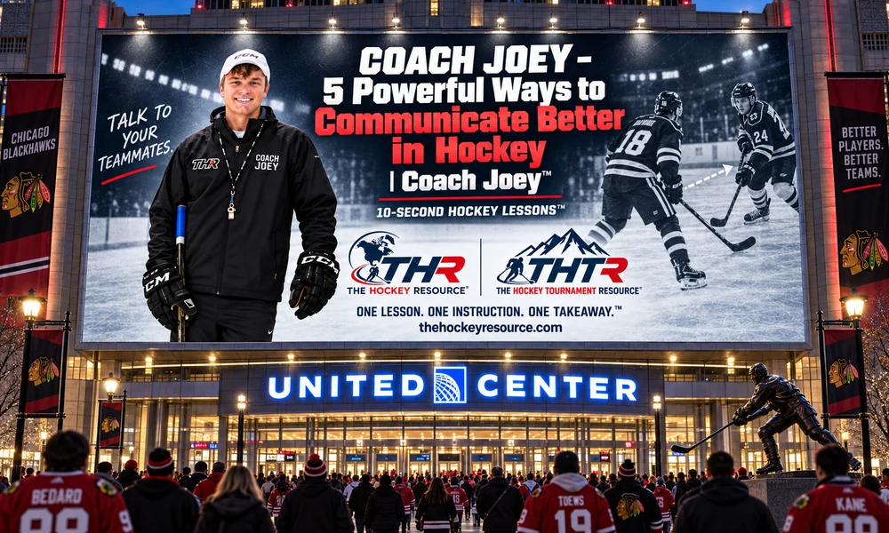 Coach Joey talk to your teammates. billboard above the United Center entrance in Chicago, shown as a concept mockup.