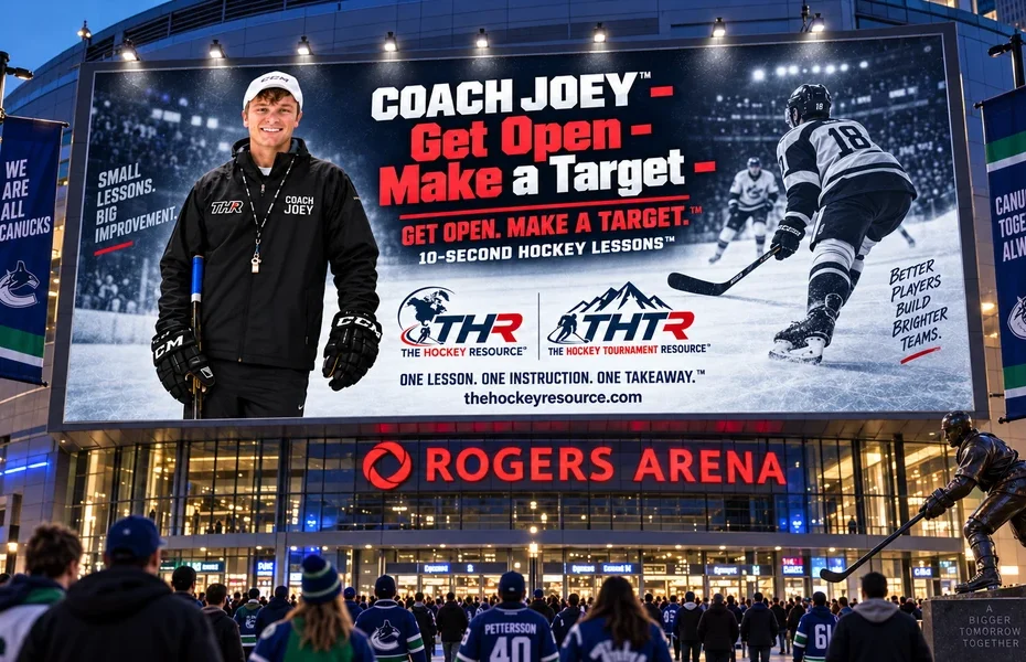 Coach Joey billboard for get open. make a target. above the Rogers Arena entrance in Vancouver, shown as a concept mockup.