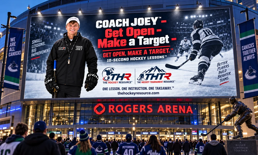 Coach Joey billboard for get open. make a target. above the Rogers Arena entrance in Vancouver, shown as a concept mockup.