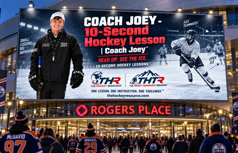 Coach Joey billboard for head up. see the ice. above the Rogers Place entrance in Edmonton, shown as a concept mockup.