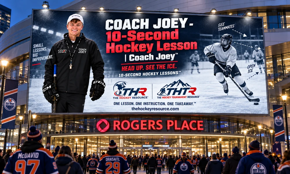 Coach Joey billboard for head up. see the ice. above the Rogers Place entrance in Edmonton, shown as a concept mockup.