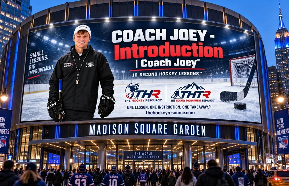 Coach Joey introduction billboard above the Madison Square Garden entrance in New York, shown as a concept mockup.