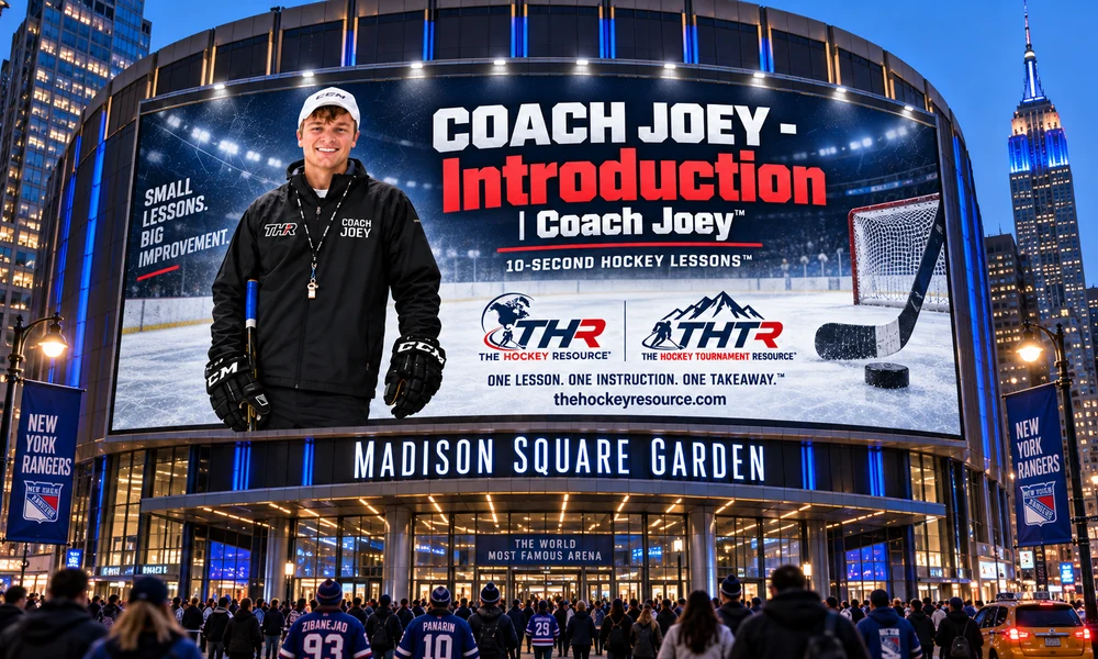 Coach Joey introduction billboard above the Madison Square Garden entrance in New York, shown as a concept mockup.