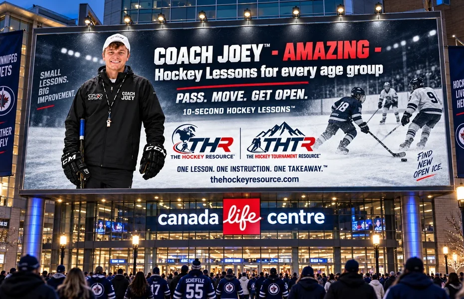 Coach Joey billboard for pass. move. get open. above the Canada Life Centre entrance in Winnipeg, shown as a concept mockup.