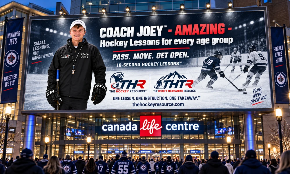 Coach Joey billboard for pass. move. get open. above the Canada Life Centre entrance in Winnipeg, shown as a concept mockup.