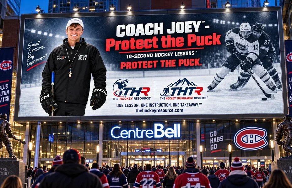 Coach Joey protect the puck. billboard above the Centre Bell entrance in Montréal, shown as a concept mockup.