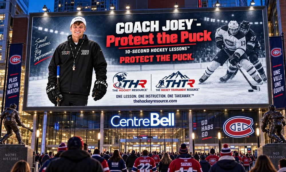 Coach Joey protect the puck. billboard above the Centre Bell entrance in Montréal, shown as a concept mockup.