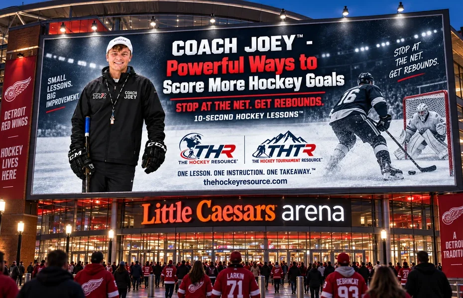 Coach Joey stop at the net. get rebounds. billboard above the Little Caesars Arena entrance in Detroit, shown as a concept mockup.