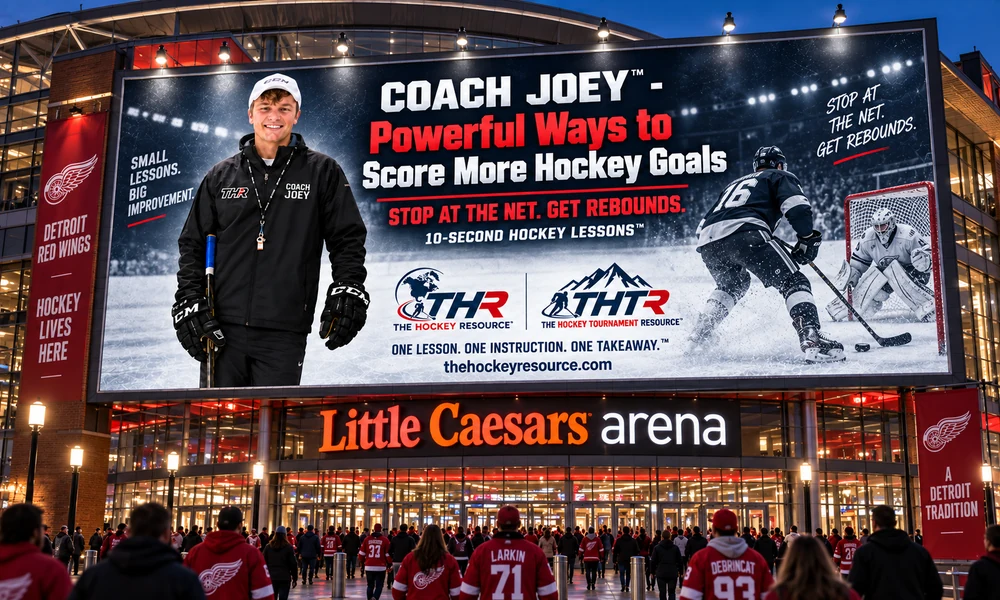 Coach Joey stop at the net. get rebounds. billboard above the Little Caesars Arena entrance in Detroit, shown as a concept mockup.