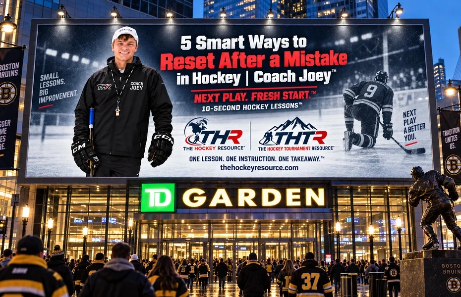 Coach Joey reset lesson billboard above the TD Garden entrance in Boston, shown as a concept mockup.