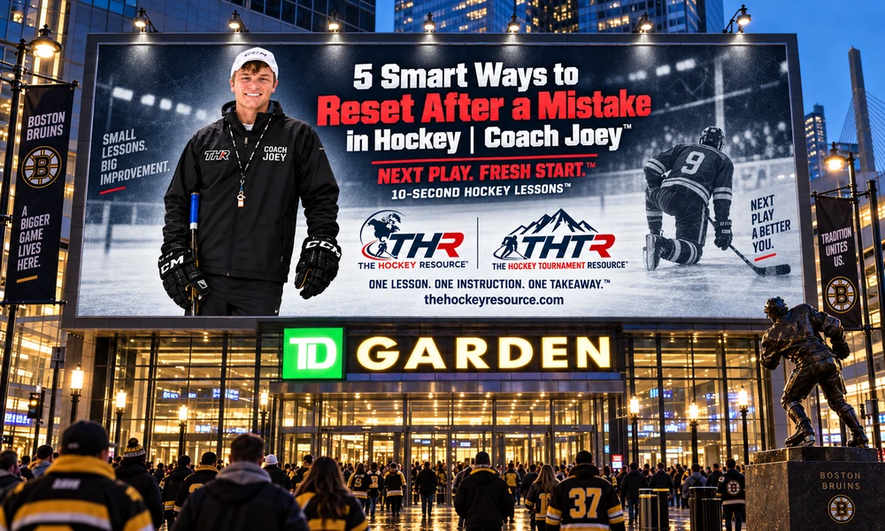 Coach Joey reset lesson billboard above the TD Garden entrance in Boston, shown as a concept mockup.