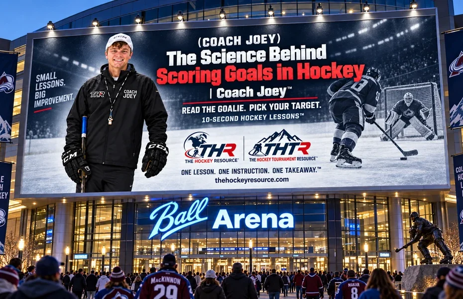 Coach Joey scoring science billboard above the Ball Arena entrance in Denver, shown as a concept mockup.